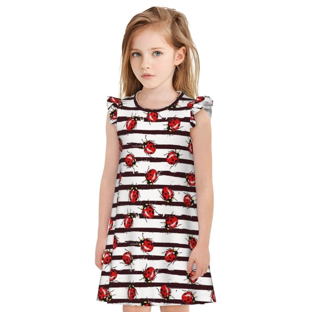 Fotbe Ladybugs on Black and White Striped1 Vestido de Dormir para Niñas de 3 a 10 Años, Mangas Cortas, Estilo Princesa, Pijama Camisón con Mangas Voladas-Medium