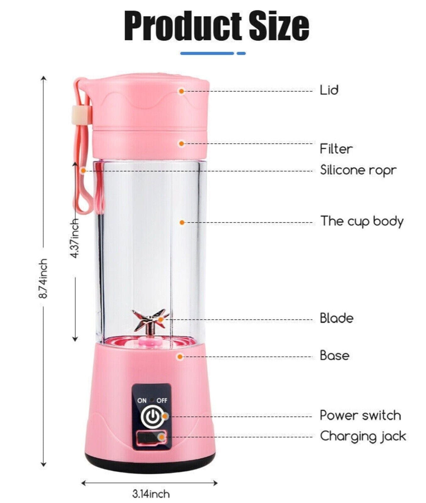 Hinzonek Portable Mini Juicer Cup, Personal Blender 6 Blades Mixer Fruit Machine for Smoothies Shakes, Pink, 380ml