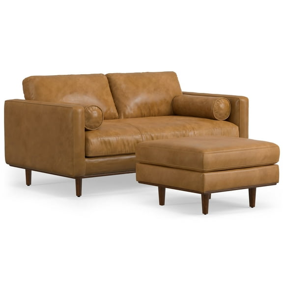 Simpli Home Morrison Mid-Century Modern 89 inch Wide Sofa with Ottoman Set in Caramel Brown Genuine Leather