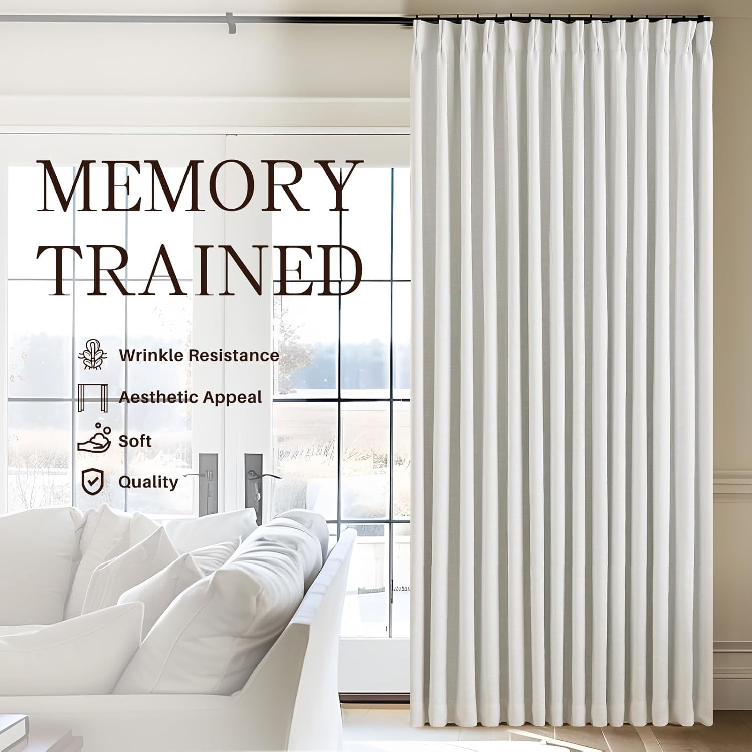 Galenzoov 40×84 inch Pinch Pleated Linen Curtains - 100% Black Out, Thermal Insulated Living Room Bedroom Curtain Double Layer Room Darkening Drapes with Hooks, 2 Panels, Ivory