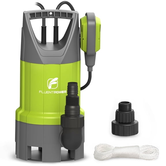 FLUENTPOWER 3/4 HP Submersible Sump Pump, 3300 GPH, Auto/Manual Tethered Float, 27-Ft Lift, Adapters and Lifting Rope