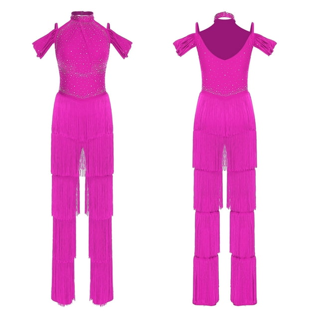 inlzdz Women's Rumba Latin Dance Rhinestones Sleeveless Tassel Jumpsuit Rompers Hot Pink L