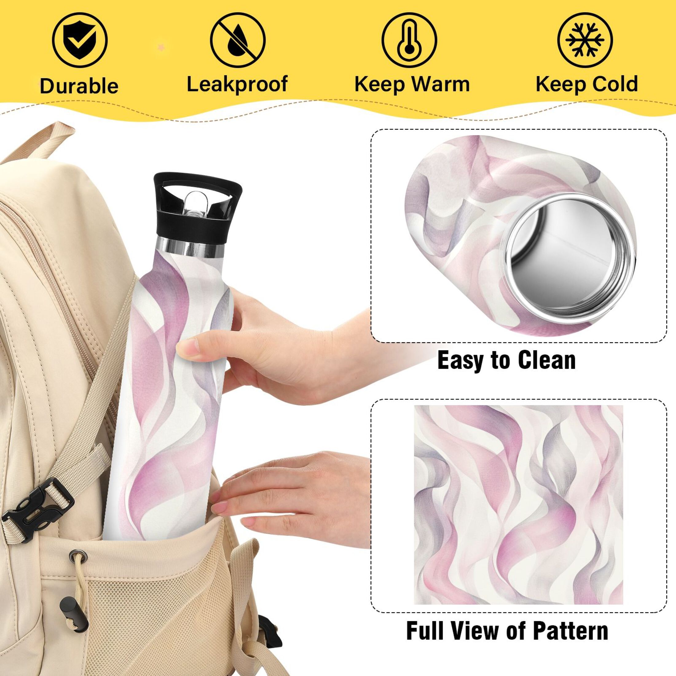 Kids Insulated Stainless Steel Sports Water Bottle 600ml (20oz) Watercolor Abstract Wavy Lines