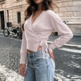 thumbnail image 5 of Admvng Women's Wrap V‑Neck Knit Sweater Long Sleeve Cropped Pullover Side Tie Knot Casual Fall Sweater, 5 of 9