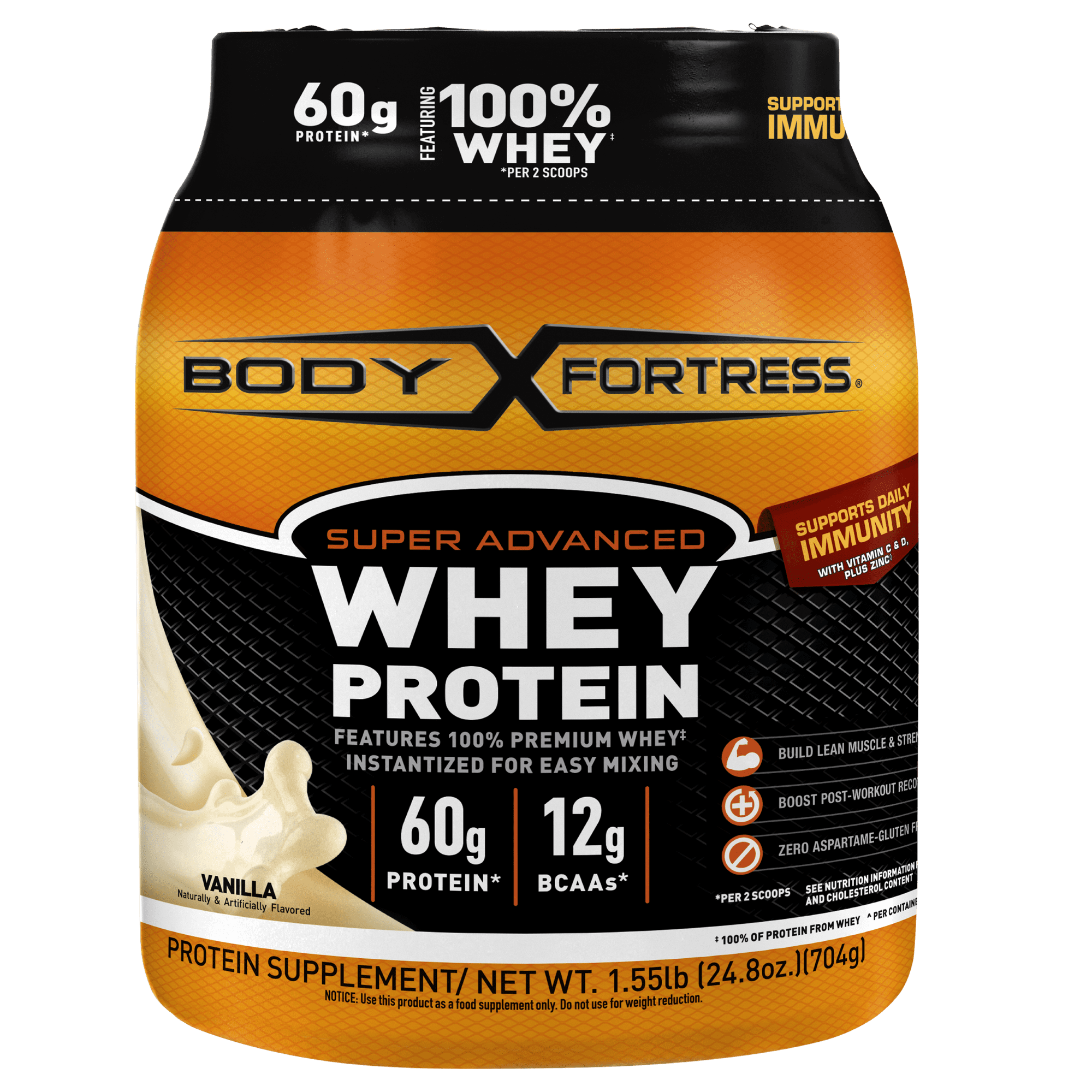 Body Fortress Super Advanced 100% Premium Whey Protein Powder, Vanilla, 60g Protein, Immune Support , Vitamins C & D Plus Zinc, 1.55 lbs