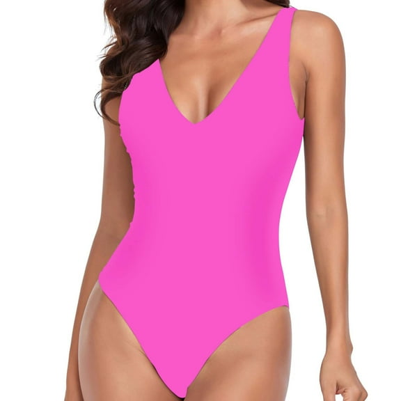 BLTIBY 2025 Women One Piece Swimsuits Slimming Tummy Control Bathing Suit Solid Color V Neck Wraps Fashion Swimwear Hot Pink XL