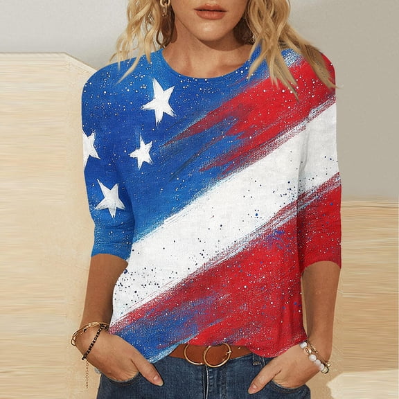 Cavosen 4th of July Tops for Women Independence Day 3/4 Sleeve Crew Neck T Shirts American Flag Graphic Shirts Lady XL 4th of July Casual Shirts Red White and Blue Tunic Tees Patriotic Clothes