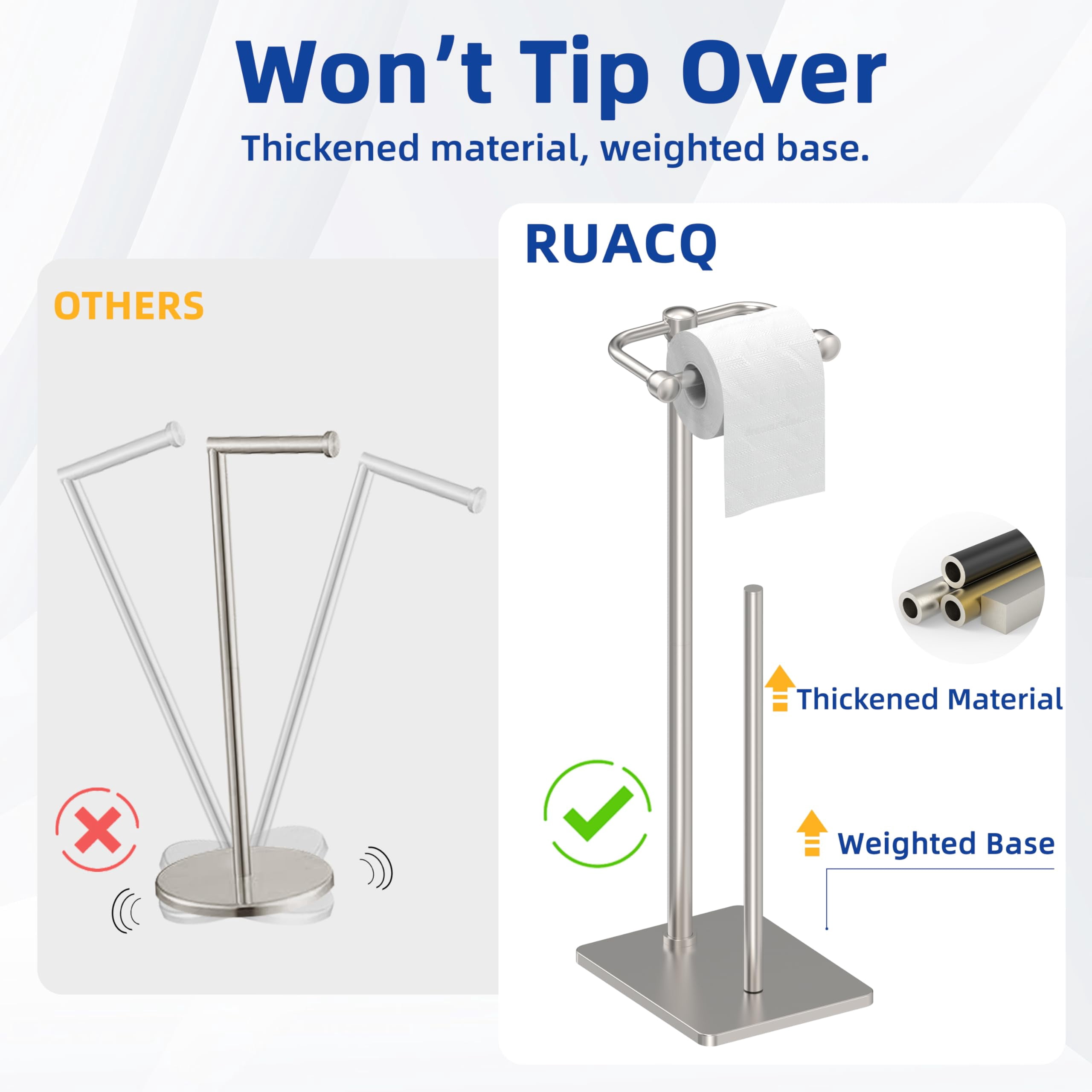 RUACQ Toilet Paper Holder Stand, Bathroom Toilet Paper roll Holder Free Standing with Storage for 4 Rolls, Post Pivoting Design, Stable Weighted Base, SUS304 Stainless Steel (Brushed Nickel)