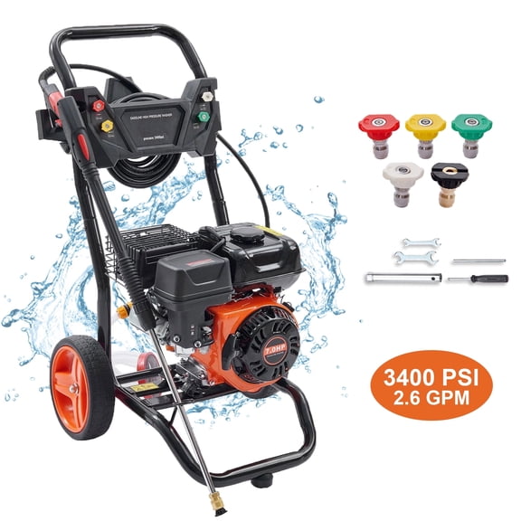 3400PSI Gas Pressure Washer w/26 ft High Pressure Hose, 210cc Engine 2.6GPM 5 Quick-Adjustable Nozzles for Cars Gardens