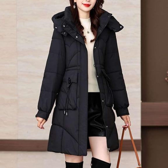 Women's Long Winter Coat, Thermal Lined Quilted Jacket, Windproof Parka with Hood, Warm Puffer Coat, Mid-Length Winter Jacket, Cold Weather Outerwear, Elegant Winter Parka Black