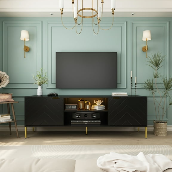 Clihome 59" Television Stands, Entertainment Center with 2 Storage Cabinets-Black