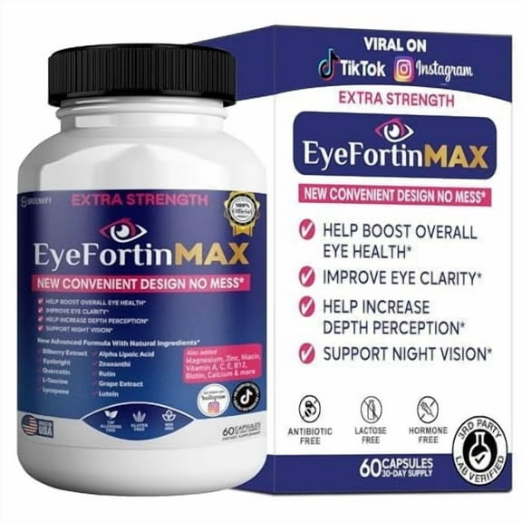 GREENVIFY EyeFortin MAX Eye Health Supplement, 60 Capsules, Extra Strength with Lutein, Vitamins A C E B12, Bilberry Extract, 30 Day Supply (1)