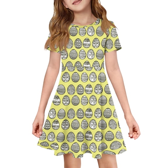 YOUYEDIAN Girls Easter Short Sleeve Dress Kids 2026 Festival Cute Bunny Print A-Line Dresses Teen Casual Crew Neck Sundress (Yellow, 4-5 Years)