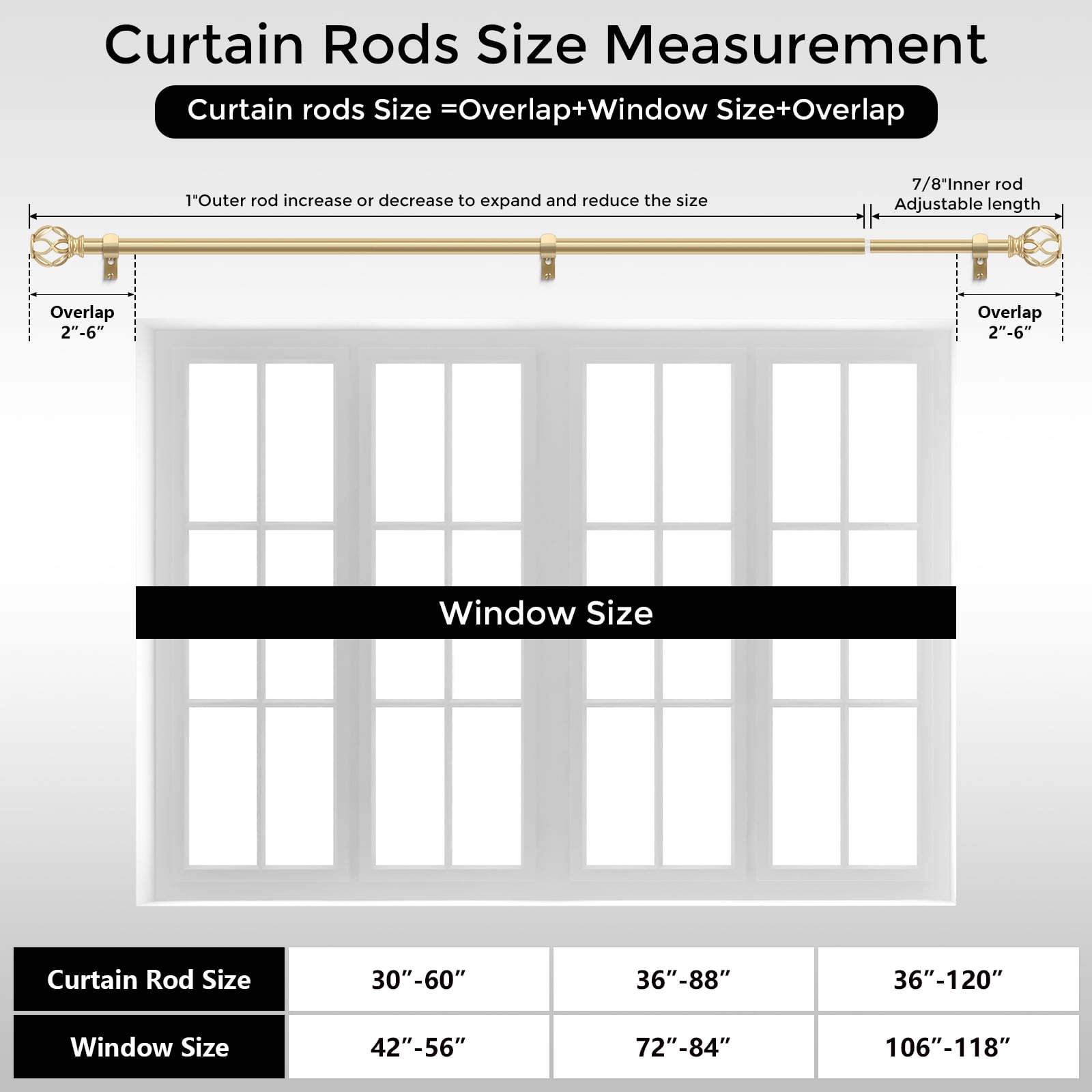 OLV 1" Gold Twist Cage Adjustable Single Curtain Rod Set for Windows,36-120"
