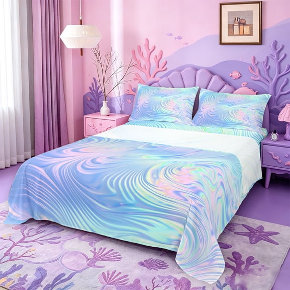 meiyoeat Blue Swirl Background Bed Sheets,Iridescent Abstract Print Full Size Sheets For Girl,4pcs,1 Flat Sheet,1 Fitted Sheet and 2 Pillowcases