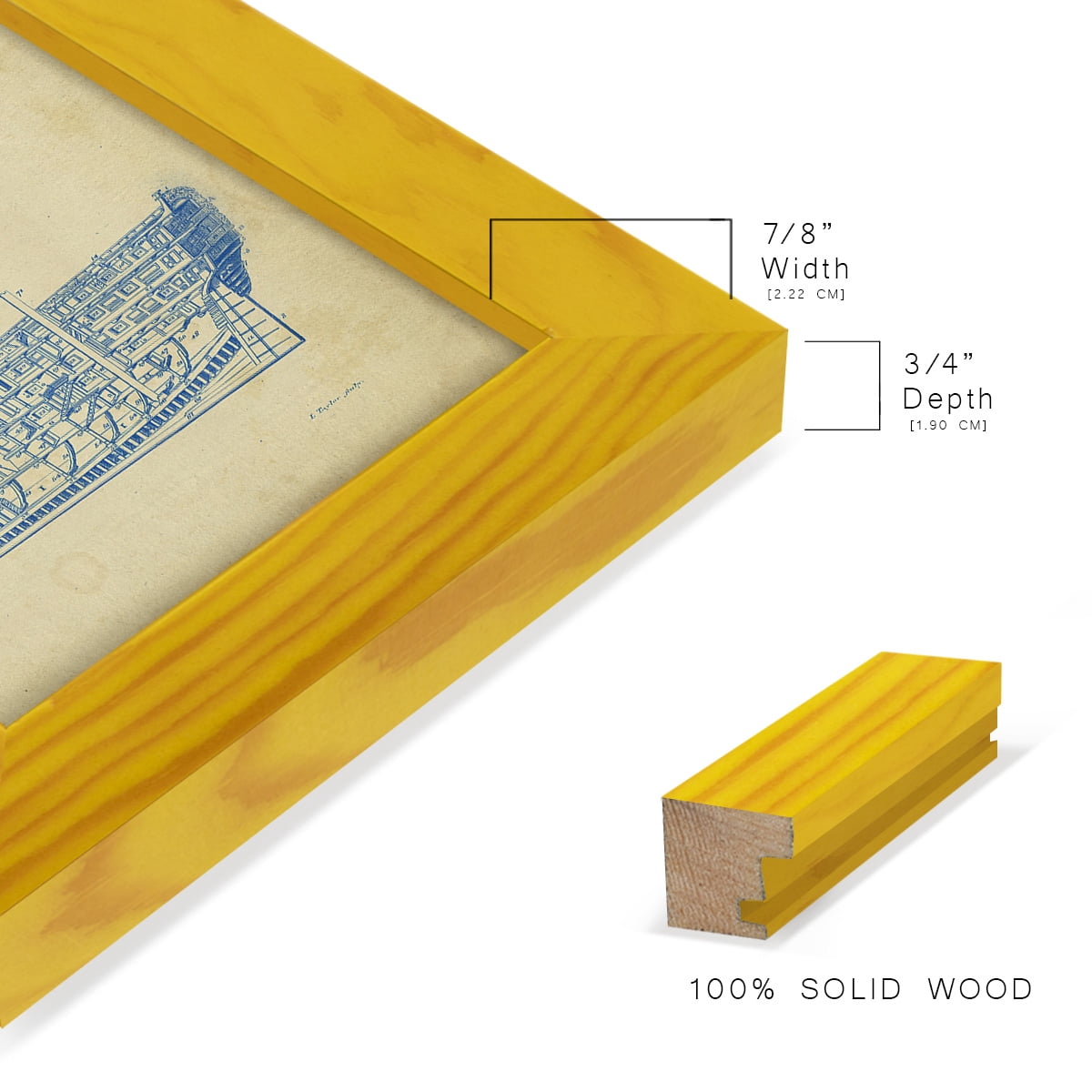 Vintage Ship Blueprint -Framed Print w/glass-Sunflower Yellow