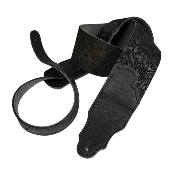 Franklin Strap - 2,5 Pouces Suède Gaufré avec Extrémités en Cuir - Guitar Strap - Noir avec Extrémités Noires