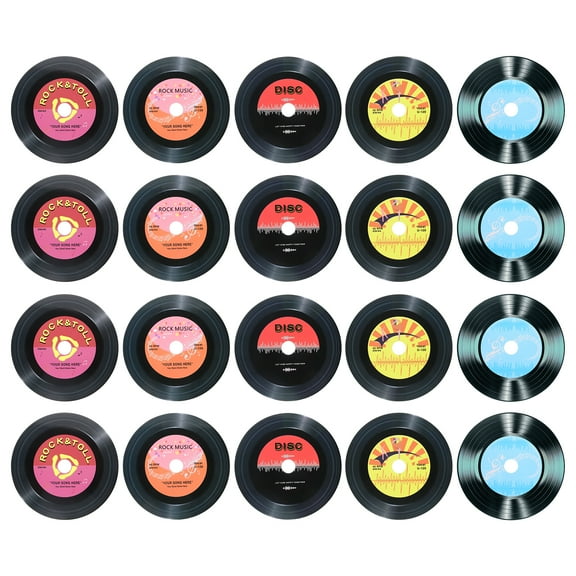 Uxcell 20 Pack Vinyl Records Decor, 5.5 Inch Blank Vinyl Records 5 Designs Fake CD Album Cover for Rock and Roll Party Dining Home Decorations, (Black, Style 7)