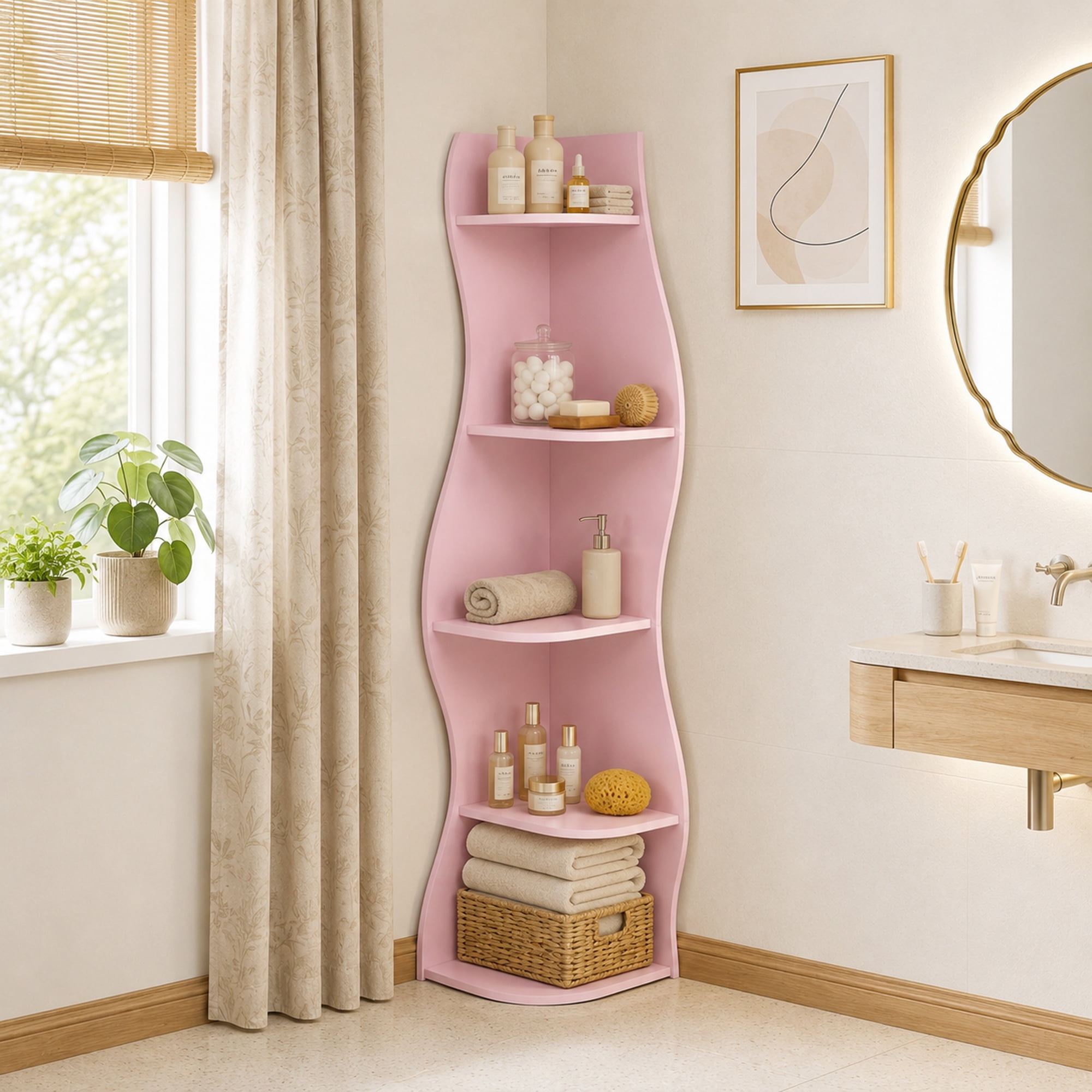 Leumius 5-Tier Bookshelf,Freestanding S-Shaped Corner Shelf Curved Display Rack,Space-Saving Corner Display Bookshelf/Plant Stand for Living Room Home Office,Pink