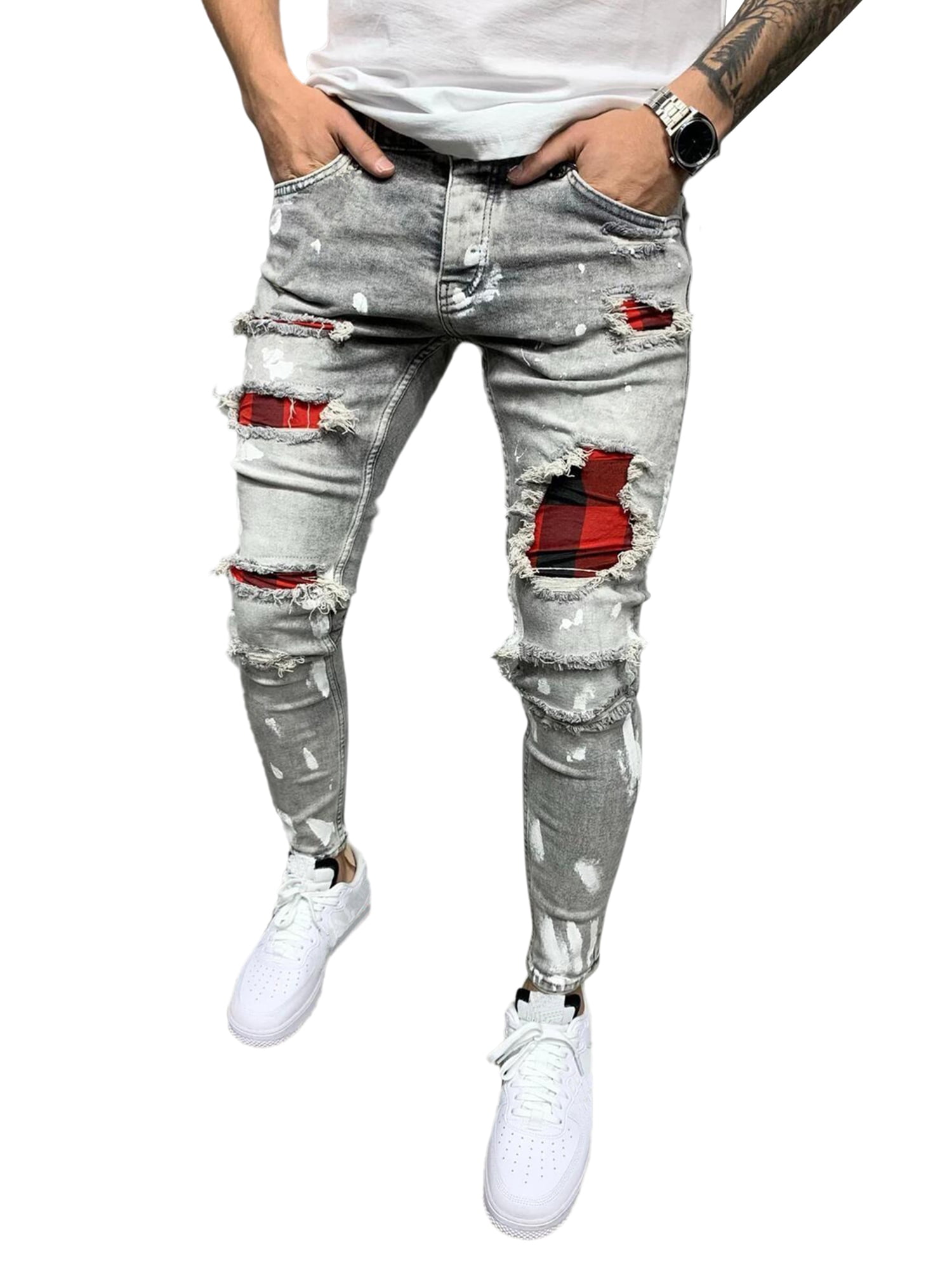 Sportsmand Gæsterne niece Men's Slim Ripped Patch Jeans Tapered Denim Pants Trousers Red Check Plaid  Pants Long Skinny Pencil Pants - Walmart.com
