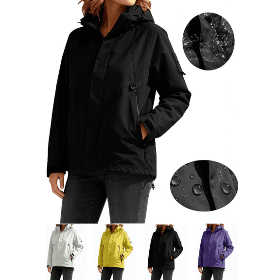 Liuinsasek Womens Waterproof Raincoat Long-Sleeve Solid Color Zipper Hooded Windbreaker Large Pocket for Outdoor Sports