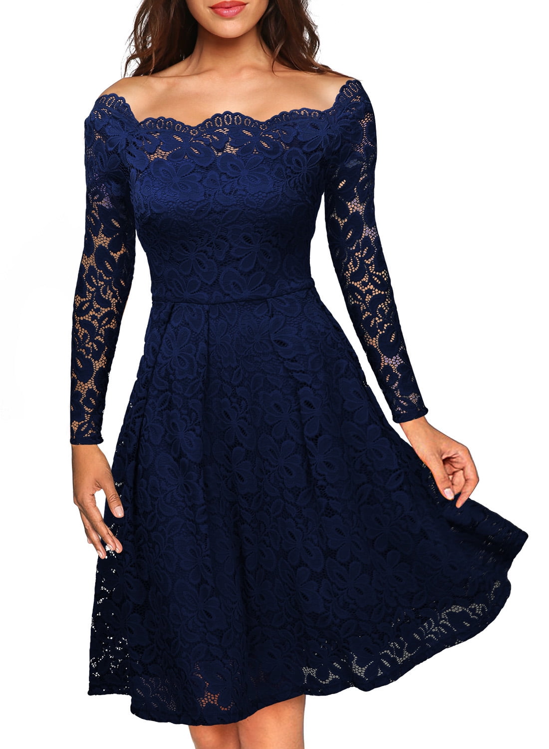 navy lace swing dress