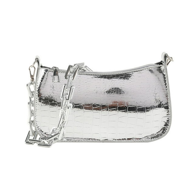 Bolso pequeño cuadrado con cremallera informal en contraste de moda de nueva tendencia, bolso de mano de cuero artificial simple plateado