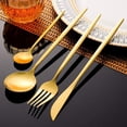 thumbnail image 3 of Juego de cubiertos de oro mate de 20 piezas, juegos de cubiertos de acero inoxidable ligeros, cuchillo, tenedor, cuchara redonda, apto para lavavajillas, 3 of 5