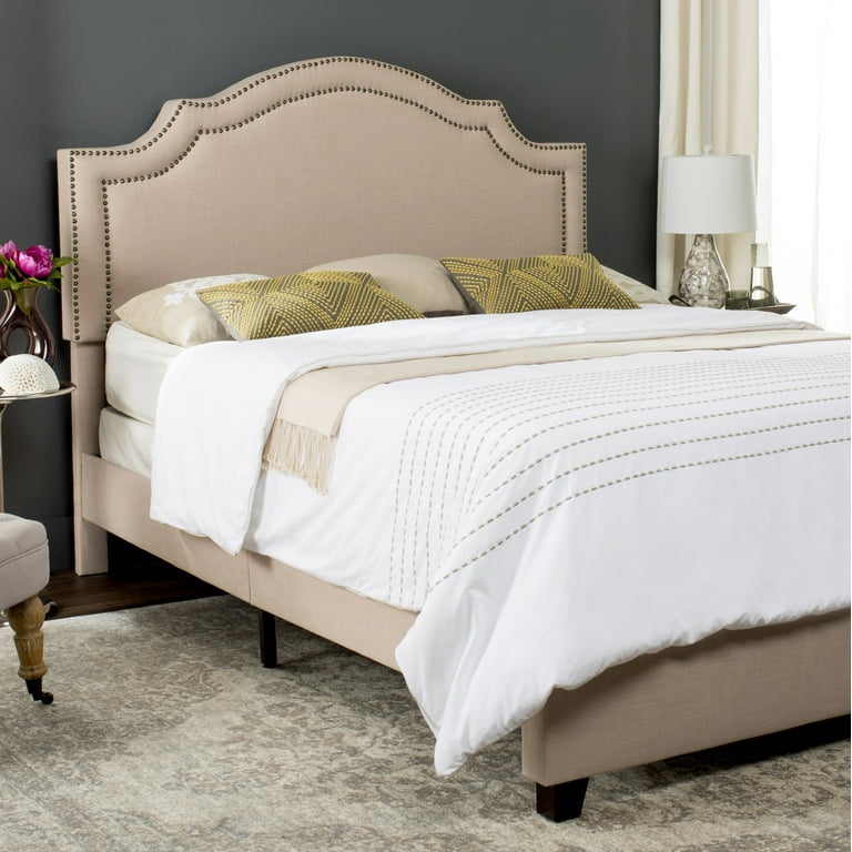 Safavieh Theron Light Beige/Brass Nailheads Queen Upholstered Bed Safavieh Theron Light Beige/Brass Nailheads Queen Upholstered Bed