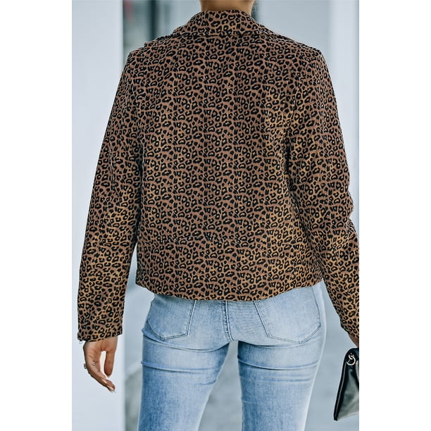 ABPHQTO Chaqueta corta de mujer con cuello de muesca y cremallera de leopardo marrón