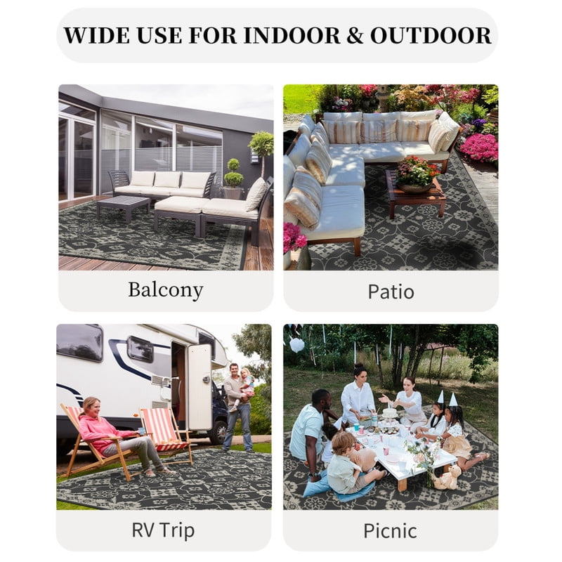 SIXHOME Outdoor Rug 6'x9' Waterproof Reversible Patio Rug Boho Floral Indoor Outdoor Rugs Lightweight Plastic Straw Ourdoor Carpet for RV Camping Deck Balcony Modern Porch Decor Gray