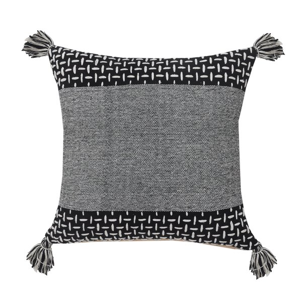 Interwoven Dash Geometric Throw Pillow with Tassels, 20" x 20" , Black