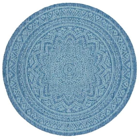 SAFAVIEH Courtyard Josiah Floral Medallion Indoor/Outdoor Area Rug, Navy/Aqua, 6'7" x 6'7" Round