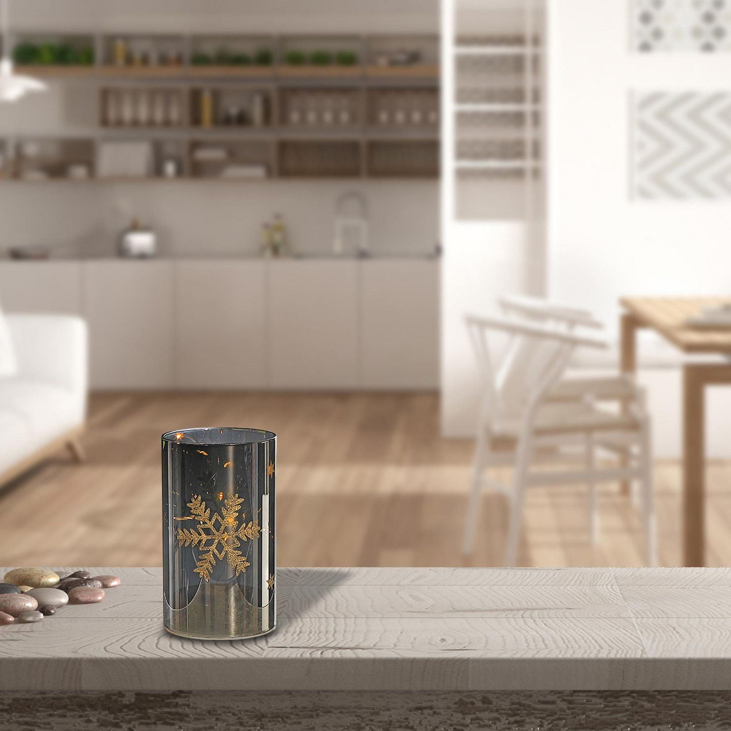 Support En Verre Cylindrique À Led 5,9" Petit Flocon De Neige Doré