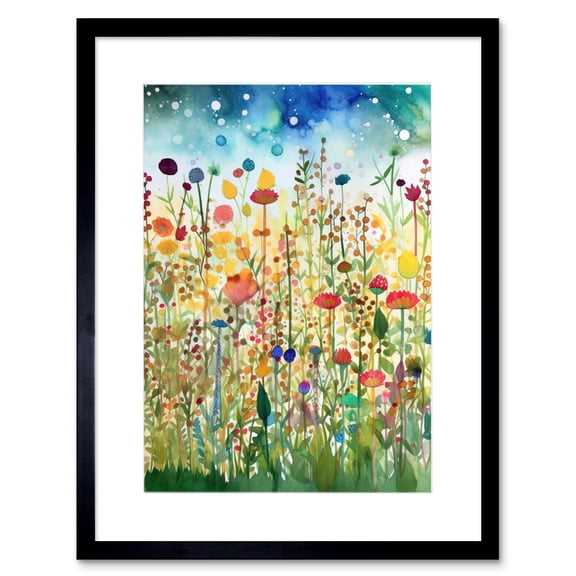 Wildflower Meadow Folk Art Artwork Framed Print Wall Art 9X7 Inch