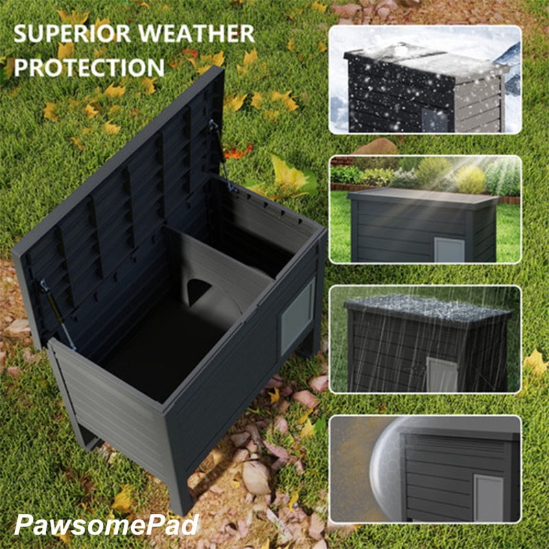 PawsomePad Outdoor Cat House, Weatherproof Cat Shelter with Raised Floor and Door (Black)