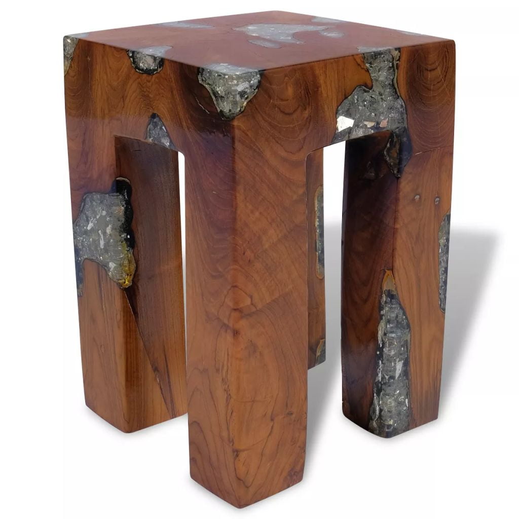 Kepooman 11.8" Modern Solid Teak Wood Square Stool Coffee Table for Patio Living Room Bedroom, Brown