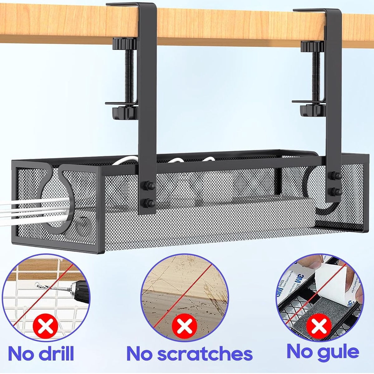 Under Desk Cable Management Tray, No-Drill Mesh Table Cable Basket For Managing Cables And Power Strips, No Screws Tidy Box Wire Organiser For Home, Office, Internet Cafe