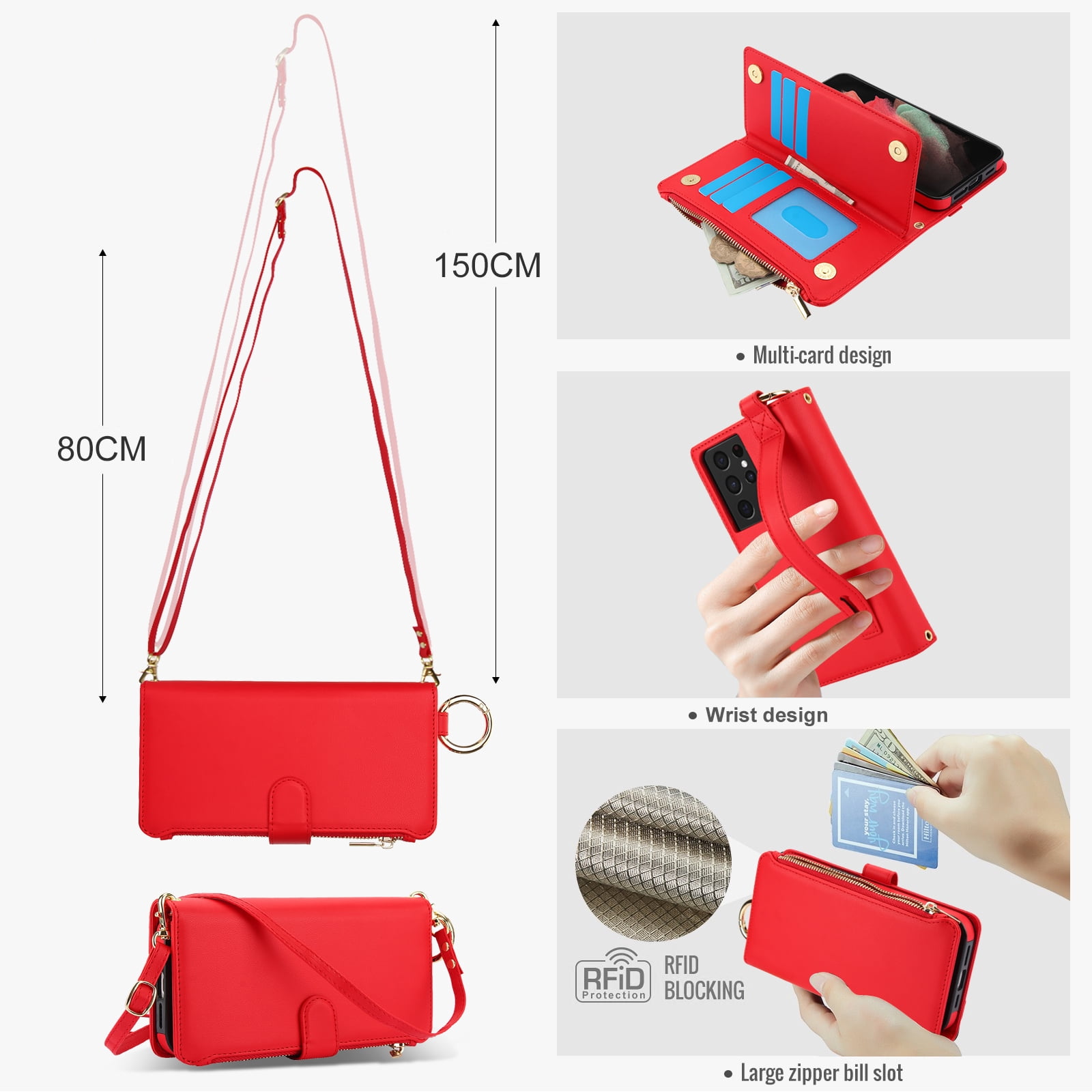 ELEHOLD For Samsung Galaxy S21 Ultra Phone Case Leather Crossbody Zipper Card Wallet Flip Case Kickstand Cover, with Ring Holder,Full Body Protection-Red