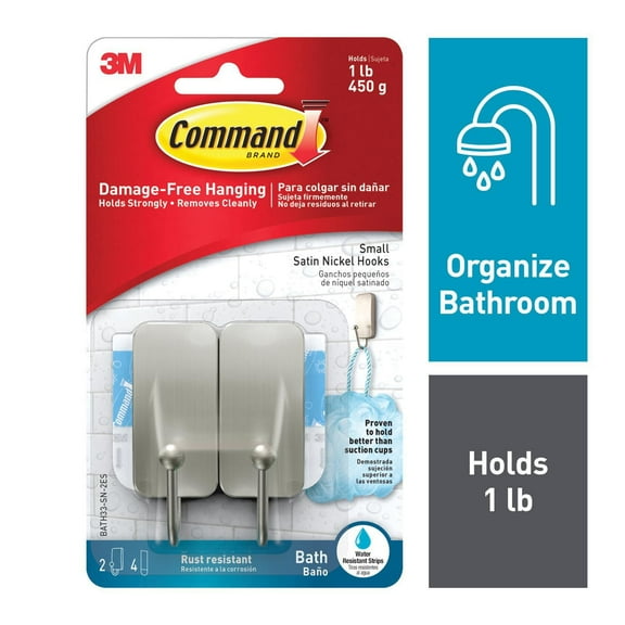 Command™ Bath Hook BATH33-SN-2EF, Satin Nickel, Small, 2 Hooks, 4 Water-Resistant Strips/Pack