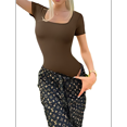 thumbnail image 3 of Justaucorps 2 Pcs pour Femmes, Col Carré Côtelé, Manches Courtes, Couleur Café, S, 3 of 8