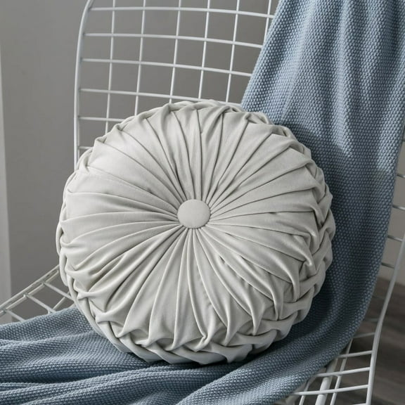 Fymall Round Filled Cushion Velvet Pleated Throw Pillow Home Sofa Bed Decor