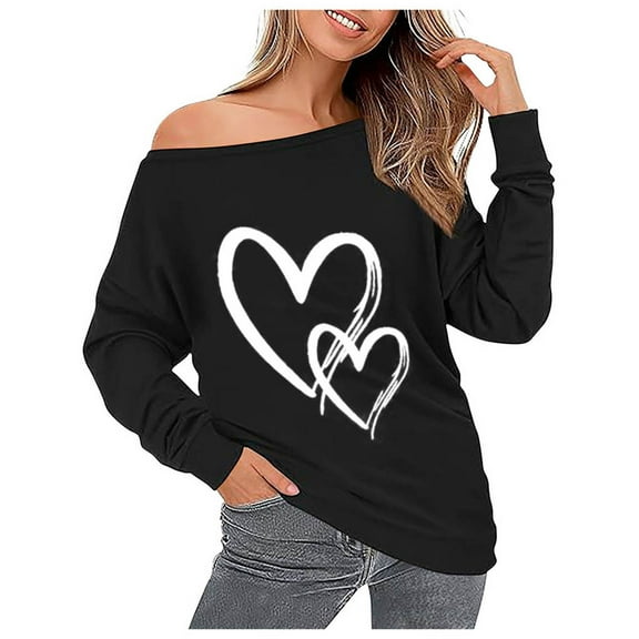 successthop Plus Size Sweatshirts for Women Off Shoulder Oversized Long Sleeve Hoodies Cute Pullover Outwear Heart Tops