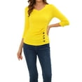 thumbnail image 1 of Blusa de mujer con fruncidos Inspire Chic, decoración de botones, cuello en V, manga 3/4, top de punto sólido, tamaño M, color amarillo limón, 1 of 6