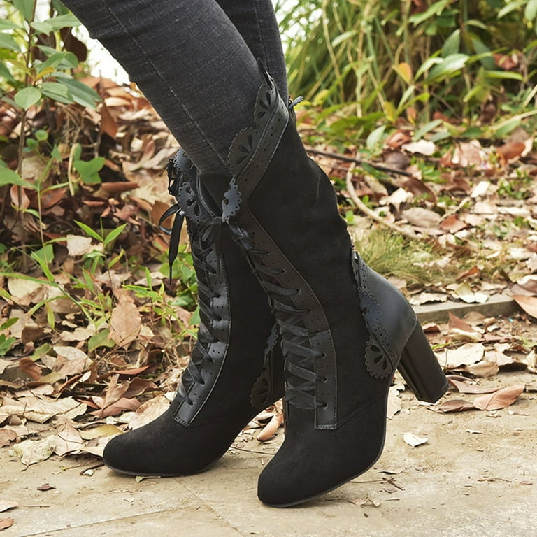 Zunfeo Riding Boot for Women Vintage Steampunk Mid Calf Victorian Boots High Chunky Heel Lace up Zip Fall Winter Boots New Arrival Clearance Black 9