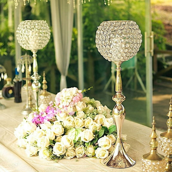 BalsaCircle 30" Gold Crystal Beaded Goblet Candle Holder Party Wedding Dining Centerpieces Decorations