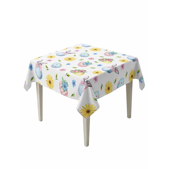 Easter Table Cloth, Waterproof Tablecloth for Square Tables, Spring Watercolor Bunny Eggs Daisy Flowers Reusable Washable Fabric Table Cover for Restaurant Kitchen Dining Tables 54"x54"