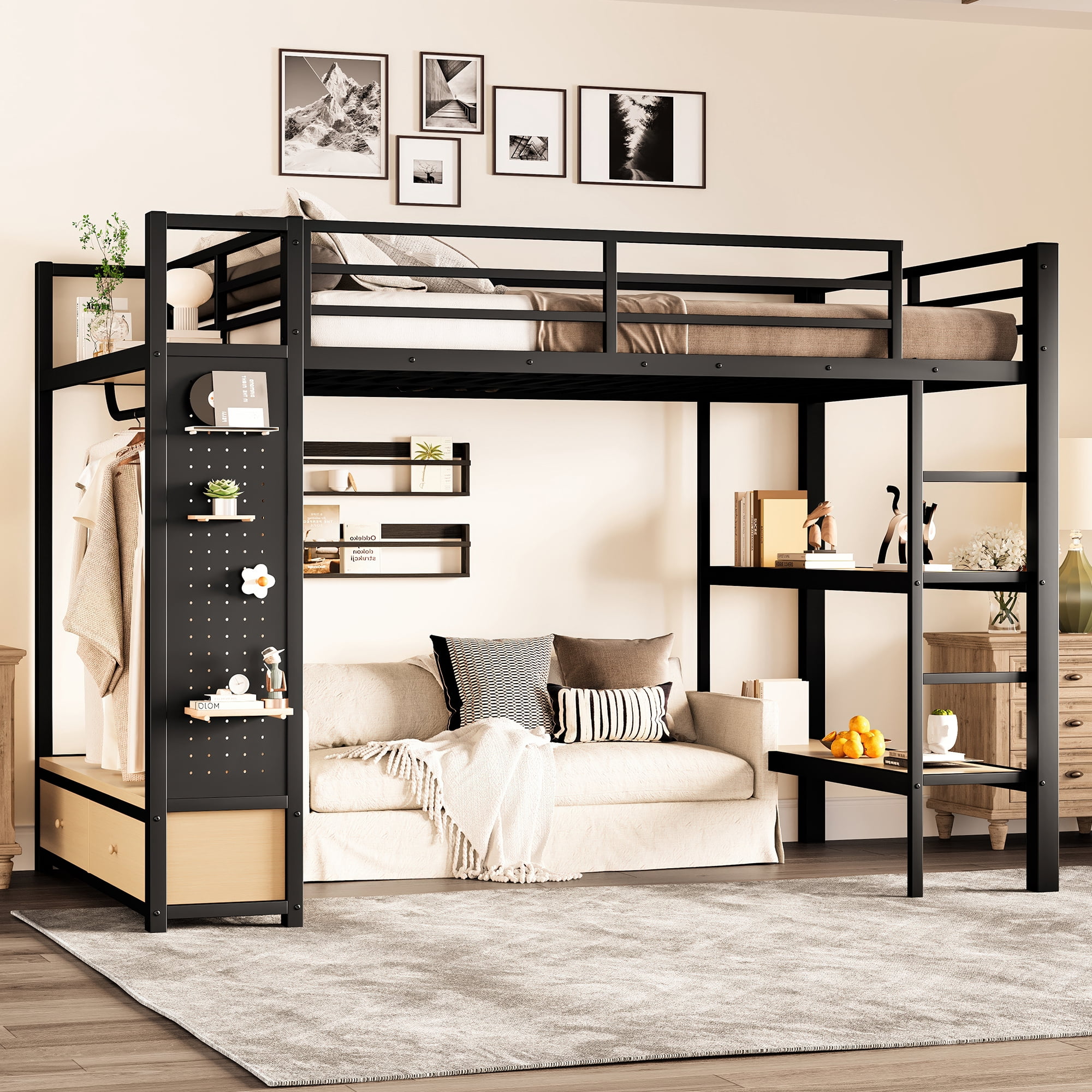 Euroco Full Size Loft Bed with Built-in Desk, Shelves and Wardrobe, Solid Bed with Bookcase and Pegboard for Kids Teens Bedroom, Black