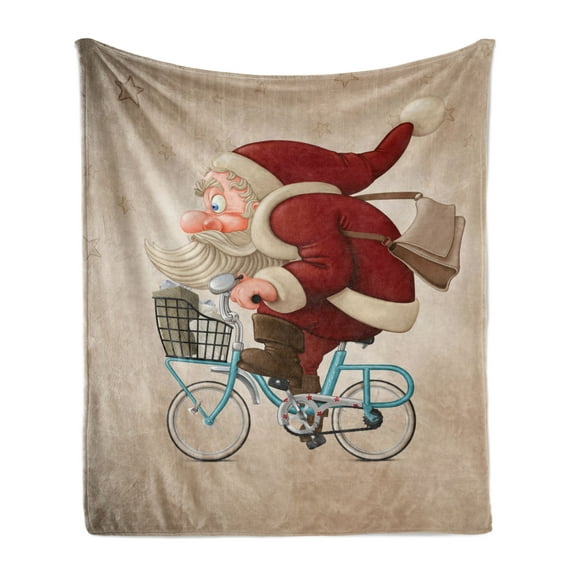 Christmas Soft Flannel Fleece Blanket, Whimsical Santa Claus Rides a Blue Bicycle to Deliver Noel Gifts on Grunge, Cozy Plush for Indoor and Outdoor Use, 60" x 80", Pale Sepia Ruby, by Ambesonne