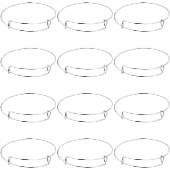 Silver 12Pcs Silver Expandable Bangle Bracelets Stainless Steel Expandable Wire Bangle Matte Silver Adjustable Blank Metal Stackable Charm Bracelet for Jewelry Making DIY Crafting Women Adults